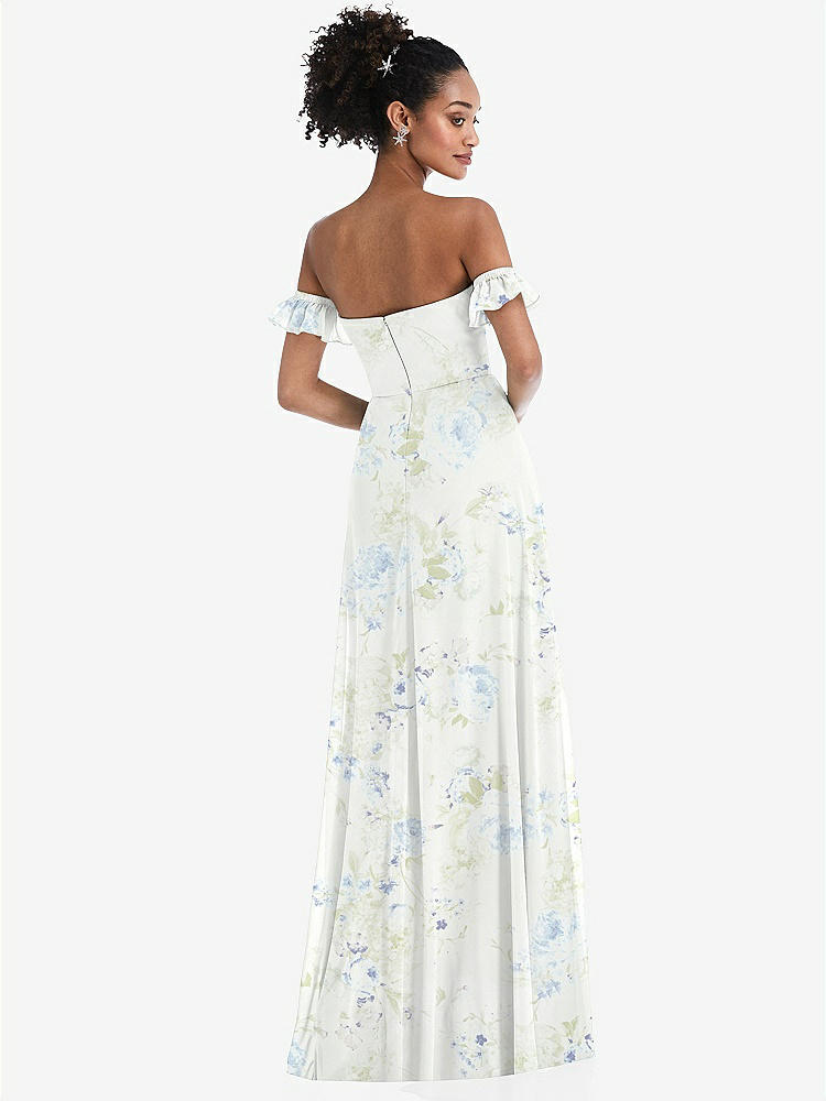 【STYLE: TH046】Off-the-Shoulder Ruffle Cuff Sleeve Chiffon Maxi Dress【COLOR: Bleu Garden】