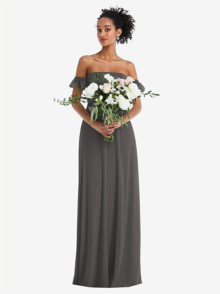 【STYLE: TH046】Off-the-Shoulder Ruffle Cuff Sleeve Chiffon Maxi Dress【COLOR: Caviar Gray】