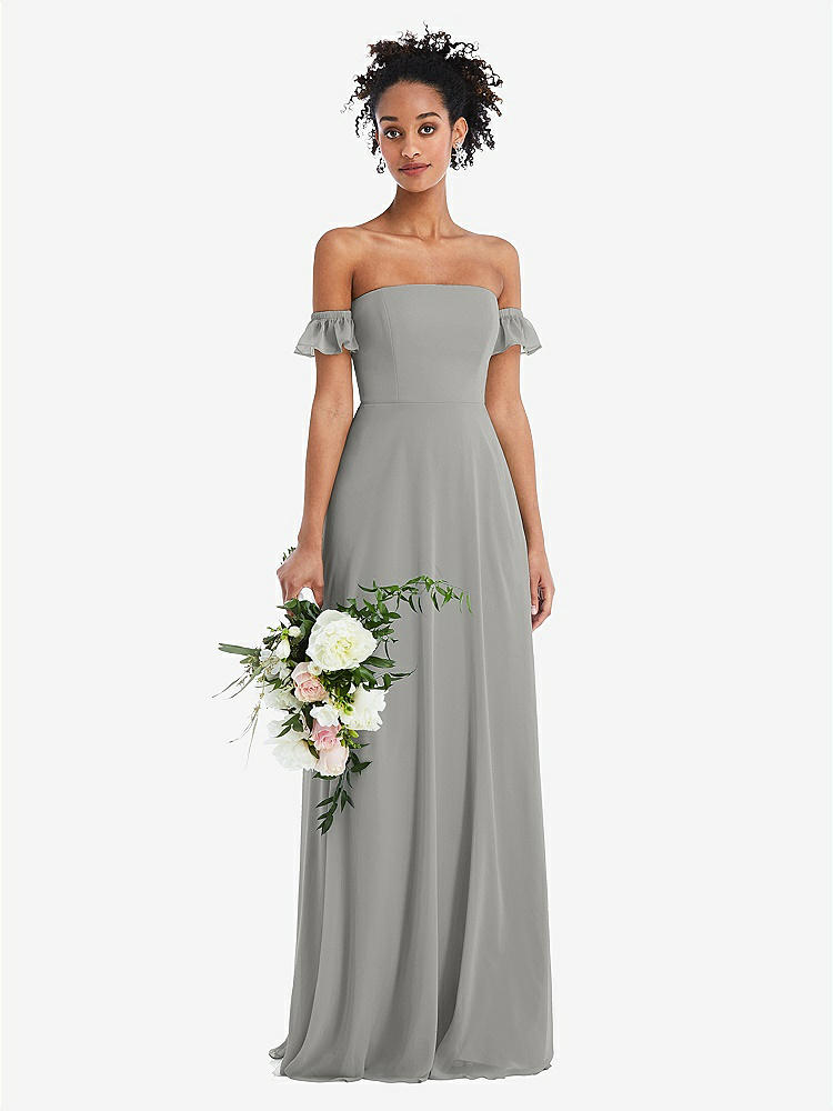 【STYLE: TH046】Off-the-Shoulder Ruffle Cuff Sleeve Chiffon Maxi Dress【COLOR: Chelsea Gray】