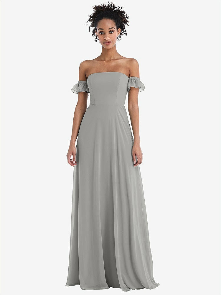 【STYLE: TH046】Off-the-Shoulder Ruffle Cuff Sleeve Chiffon Maxi Dress【COLOR: Chelsea Gray】