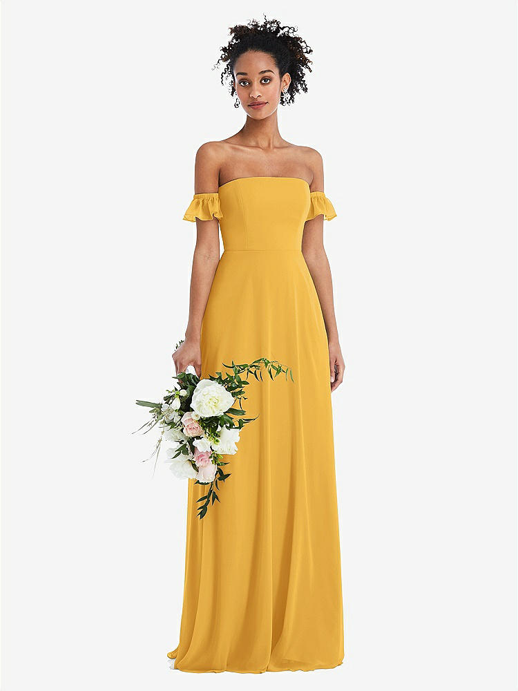 【STYLE: TH046】Off-the-Shoulder Ruffle Cuff Sleeve Chiffon Maxi Dress【COLOR: NYC Yellow】