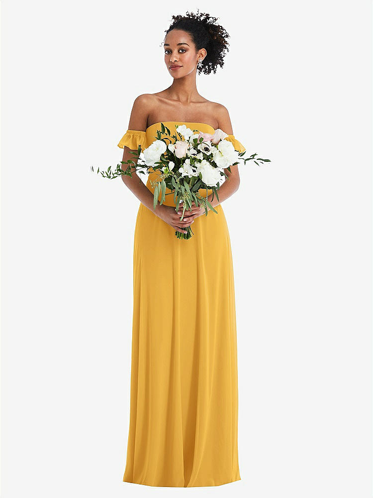 【STYLE: TH046】Off-the-Shoulder Ruffle Cuff Sleeve Chiffon Maxi Dress【COLOR: NYC Yellow】