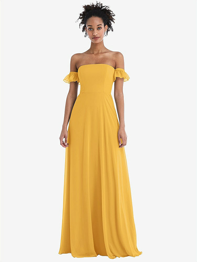 【STYLE: TH046】Off-the-Shoulder Ruffle Cuff Sleeve Chiffon Maxi Dress【COLOR: NYC Yellow】