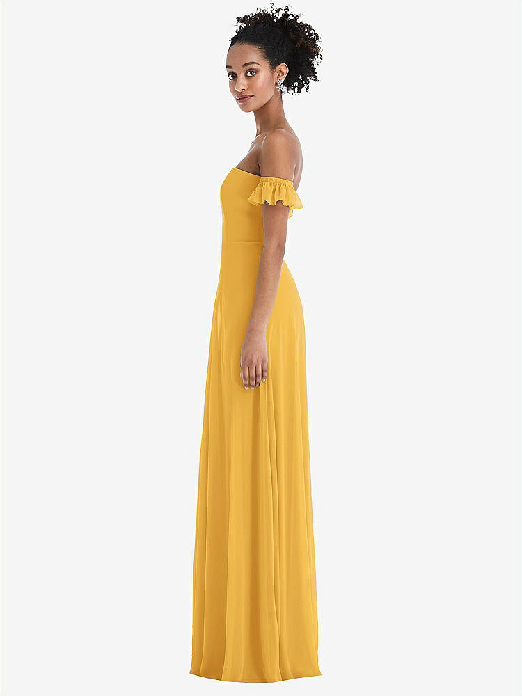 【STYLE: TH046】Off-the-Shoulder Ruffle Cuff Sleeve Chiffon Maxi Dress【COLOR: NYC Yellow】