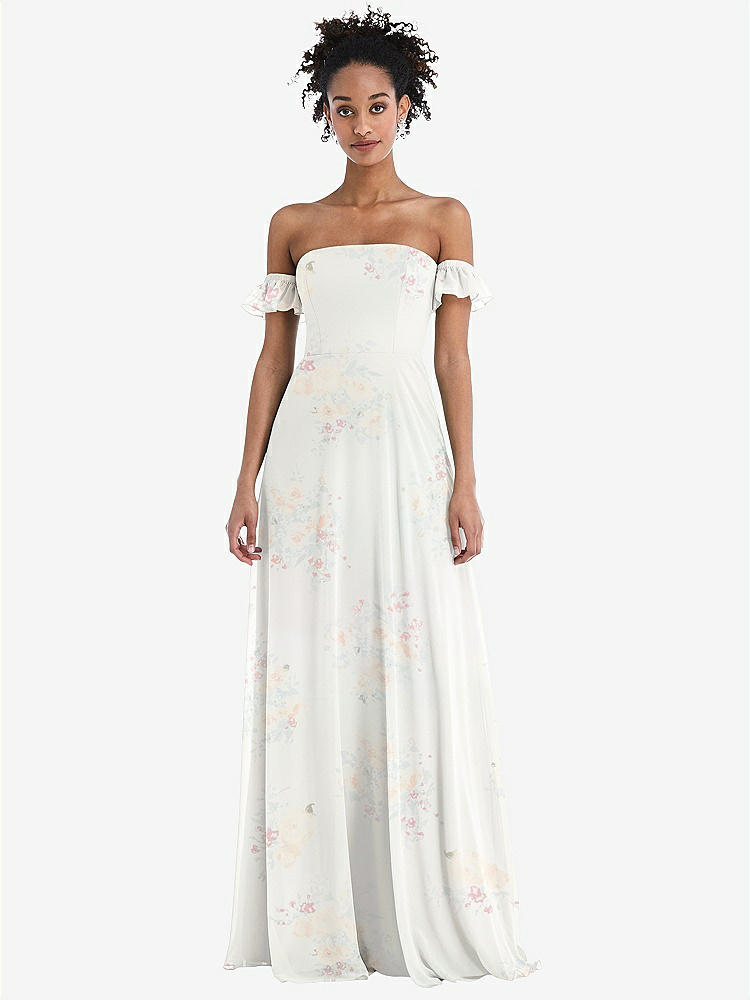 【STYLE: TH046】Off-the-Shoulder Ruffle Cuff Sleeve Chiffon Maxi Dress【COLOR: Spring Fling】