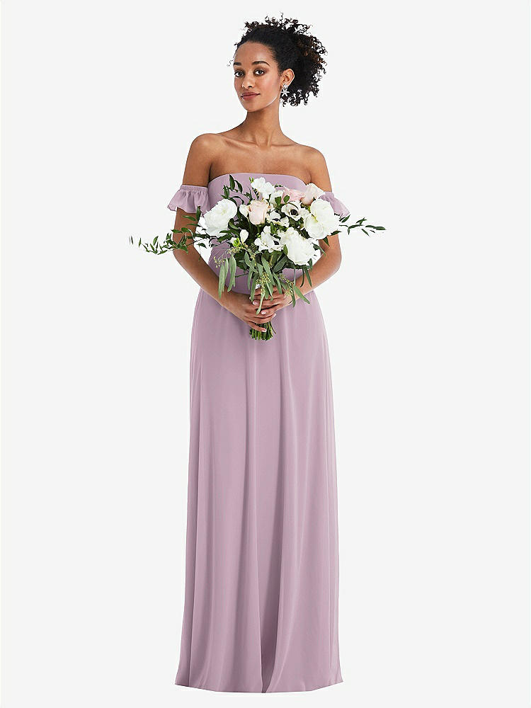 【NEW】【STYLE: TH046】オフショルダー フリル カフ 袖 シフォン マキシ ドレス【COLOR: Suede Rose】【SIZE: 00-30W】