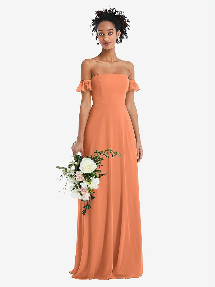 【STYLE: TH046】Off-the-Shoulder Ruffle Cuff Sleeve Chiffon Maxi Dress【COLOR: Sweet Melon】