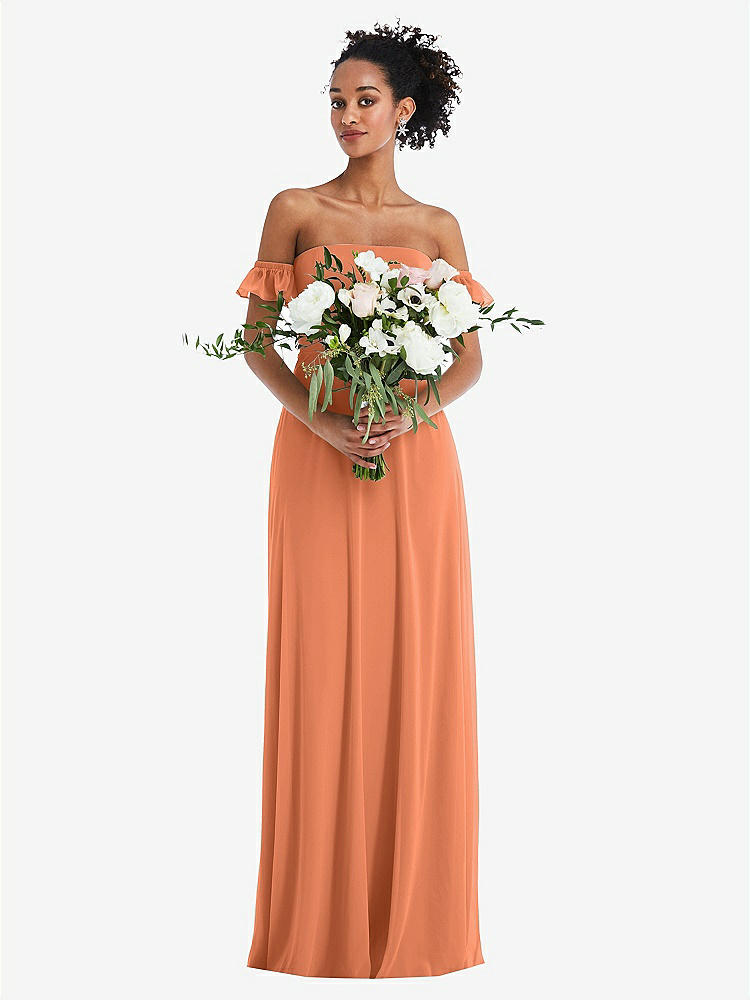 【STYLE: TH046】Off-the-Shoulder Ruffle Cuff Sleeve Chiffon Maxi Dress【COLOR: Sweet Melon】