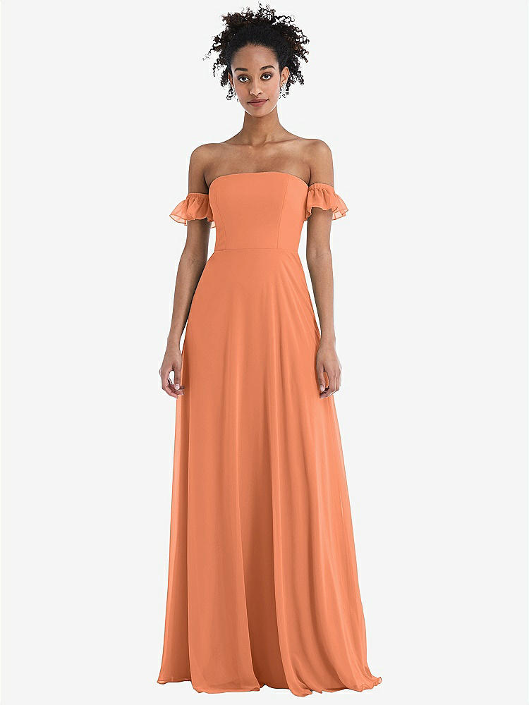 【STYLE: TH046】Off-the-Shoulder Ruffle Cuff Sleeve Chiffon Maxi Dress【COLOR: Sweet Melon】