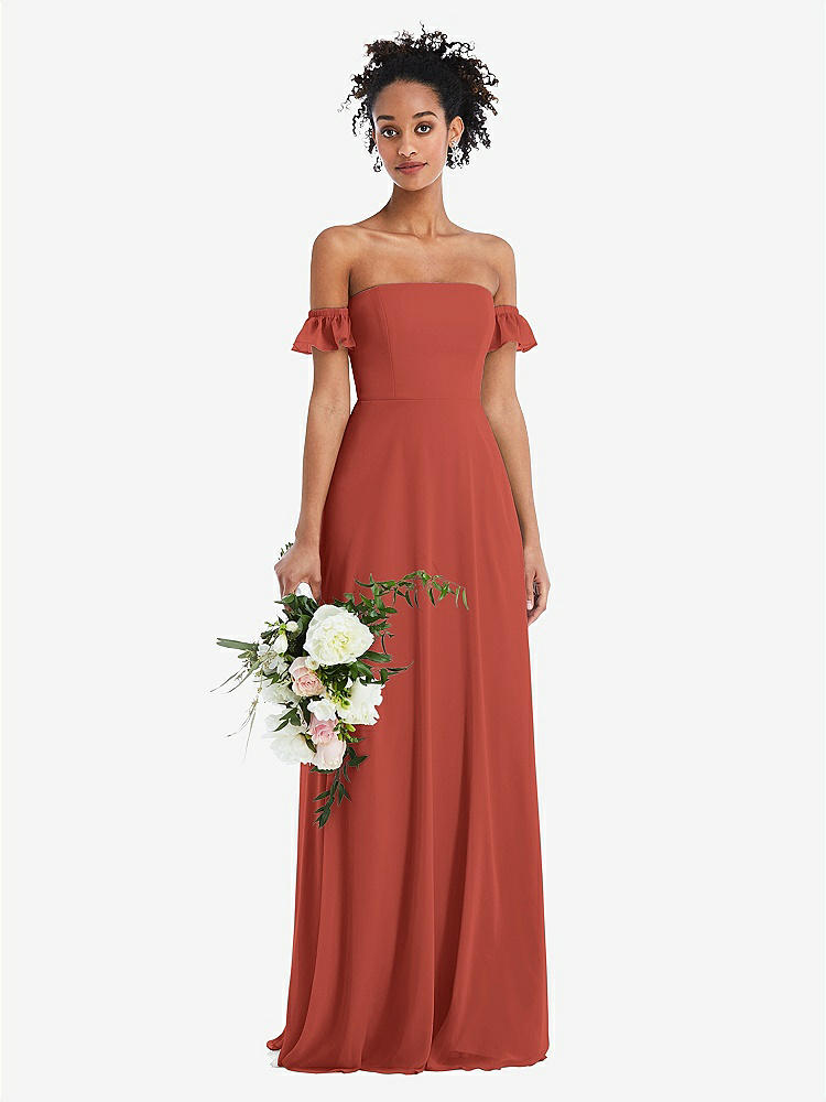 【STYLE: TH046】Off-the-Shoulder Ruffle Cuff Sleeve Chiffon Maxi Dress【COLOR: Amber Sunset】