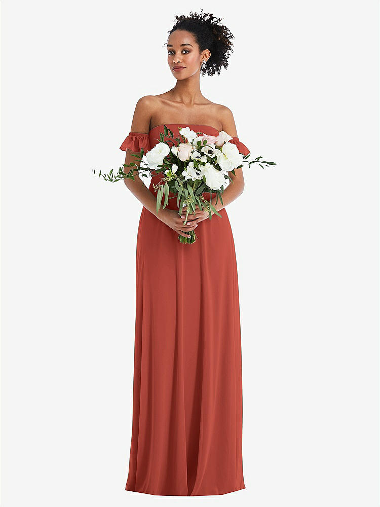 【STYLE: TH046】Off-the-Shoulder Ruffle Cuff Sleeve Chiffon Maxi Dress【COLOR: Amber Sunset】