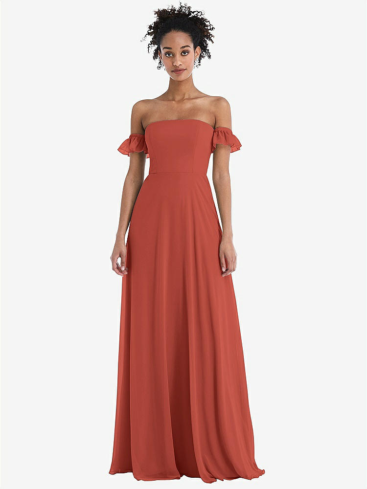 【STYLE: TH046】Off-the-Shoulder Ruffle Cuff Sleeve Chiffon Maxi Dress【COLOR: Amber Sunset】