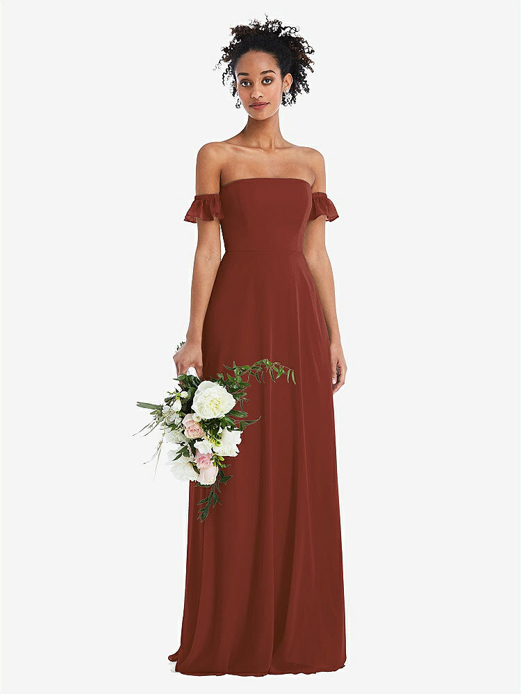 【STYLE: TH046】Off-the-Shoulder Ruffle Cuff Sleeve Chiffon Maxi Dress【COLOR: Auburn Moon】
