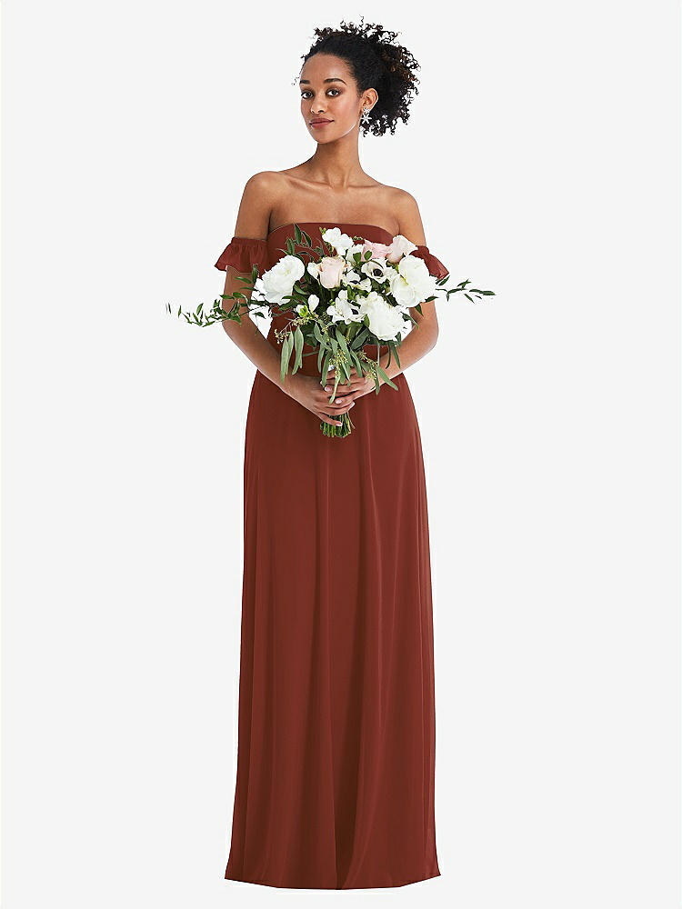 【STYLE: TH046】Off-the-Shoulder Ruffle Cuff Sleeve Chiffon Maxi Dress【COLOR: Auburn Moon】
