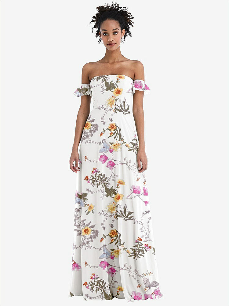 【STYLE: TH046】Off-the-Shoulder Ruffle Cuff Sleeve Chiffon Maxi Dress【COLOR: Butterfly Botanica Ivory】