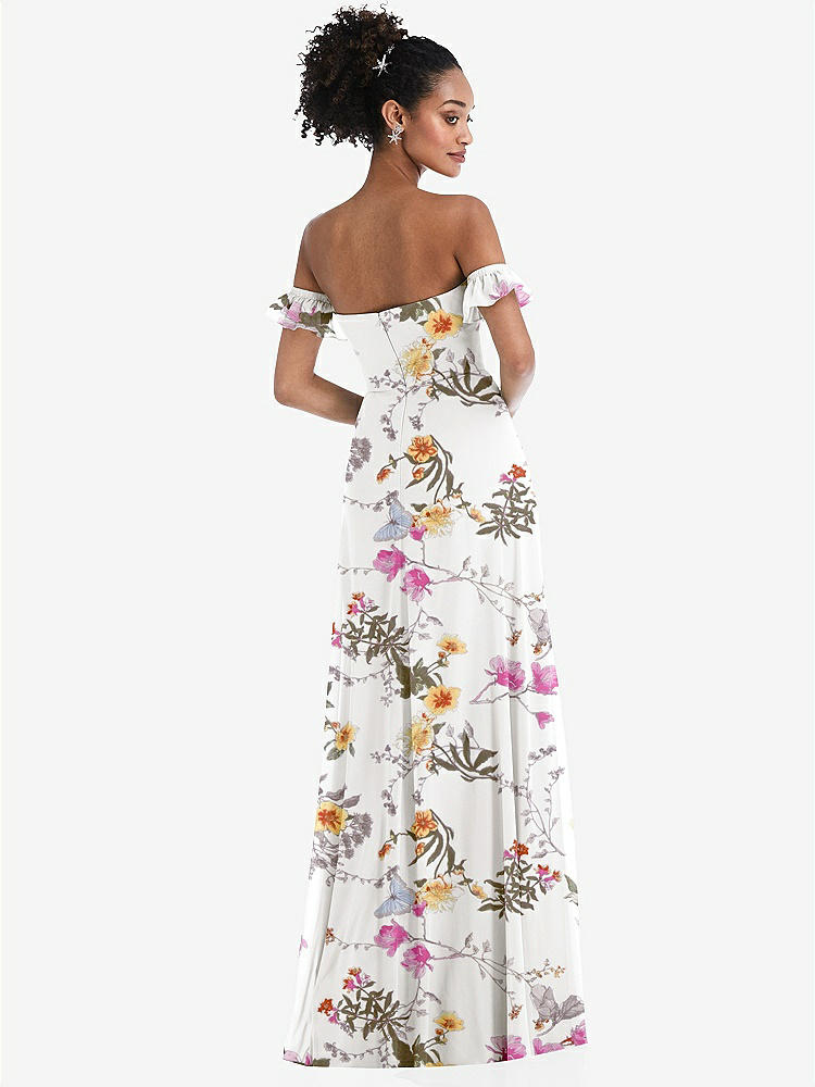 【STYLE: TH046】Off-the-Shoulder Ruffle Cuff Sleeve Chiffon Maxi Dress【COLOR: Butterfly Botanica Ivory】