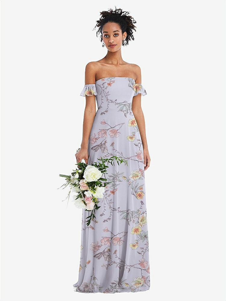 【STYLE: TH046】Off-the-Shoulder Ruffle Cuff Sleeve Chiffon Maxi Dress【COLOR: Butterfly Botanica Silver Dove】
