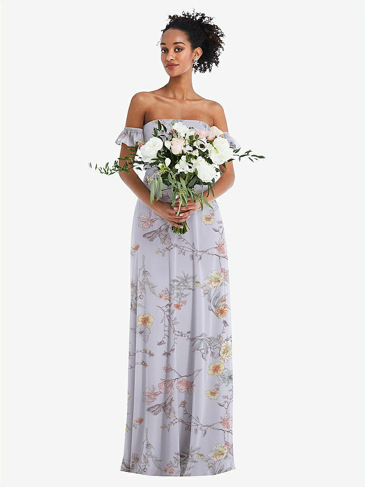 【STYLE: TH046】Off-the-Shoulder Ruffle Cuff Sleeve Chiffon Maxi Dress【COLOR: Butterfly Botanica Silver Dove】