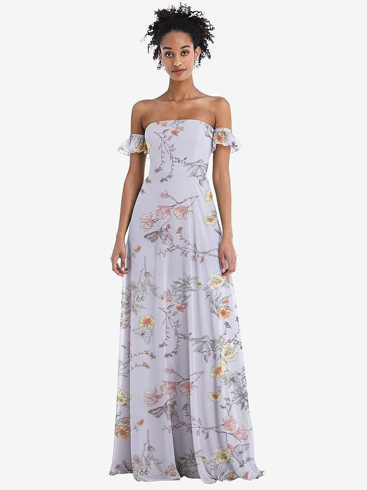 【STYLE: TH046】Off-the-Shoulder Ruffle Cuff Sleeve Chiffon Maxi Dress【COLOR: Butterfly Botanica Silver Dove】