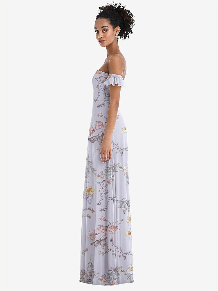 【STYLE: TH046】Off-the-Shoulder Ruffle Cuff Sleeve Chiffon Maxi Dress【COLOR: Butterfly Botanica Silver Dove】