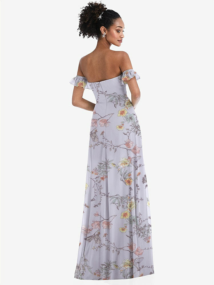 【STYLE: TH046】Off-the-Shoulder Ruffle Cuff Sleeve Chiffon Maxi Dress【COLOR: Butterfly Botanica Silver Dove】