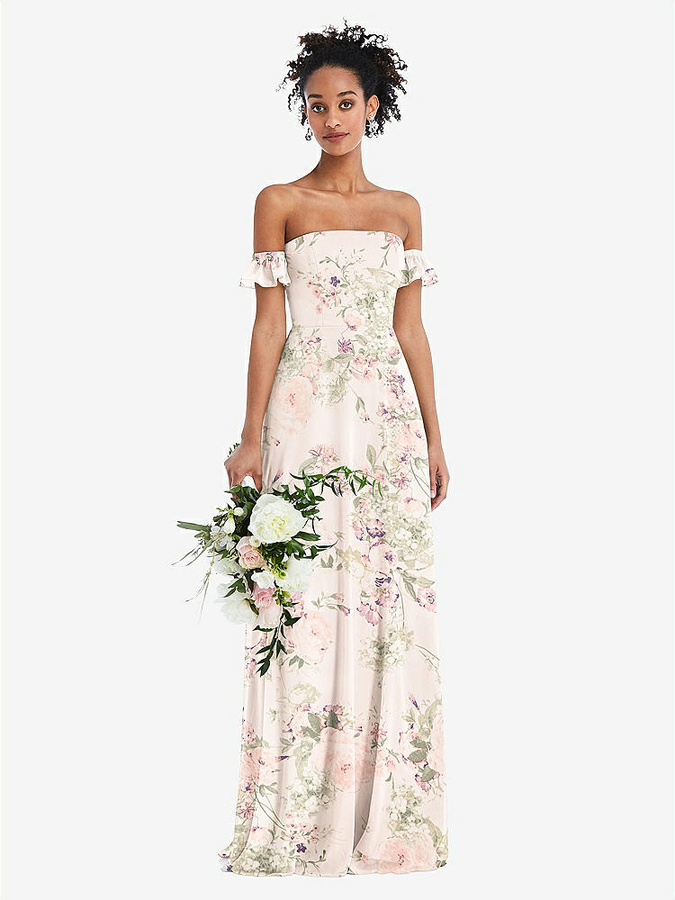 【STYLE: TH046】Off-the-Shoulder Ruffle Cuff Sleeve Chiffon Maxi Dress【COLOR: Blush Garden】