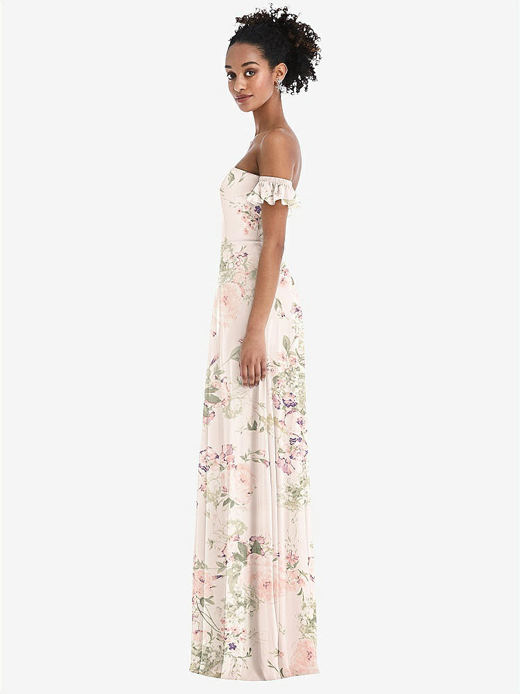 【STYLE: TH046】Off-the-Shoulder Ruffle Cuff Sleeve Chiffon Maxi Dress【COLOR: Blush Garden】