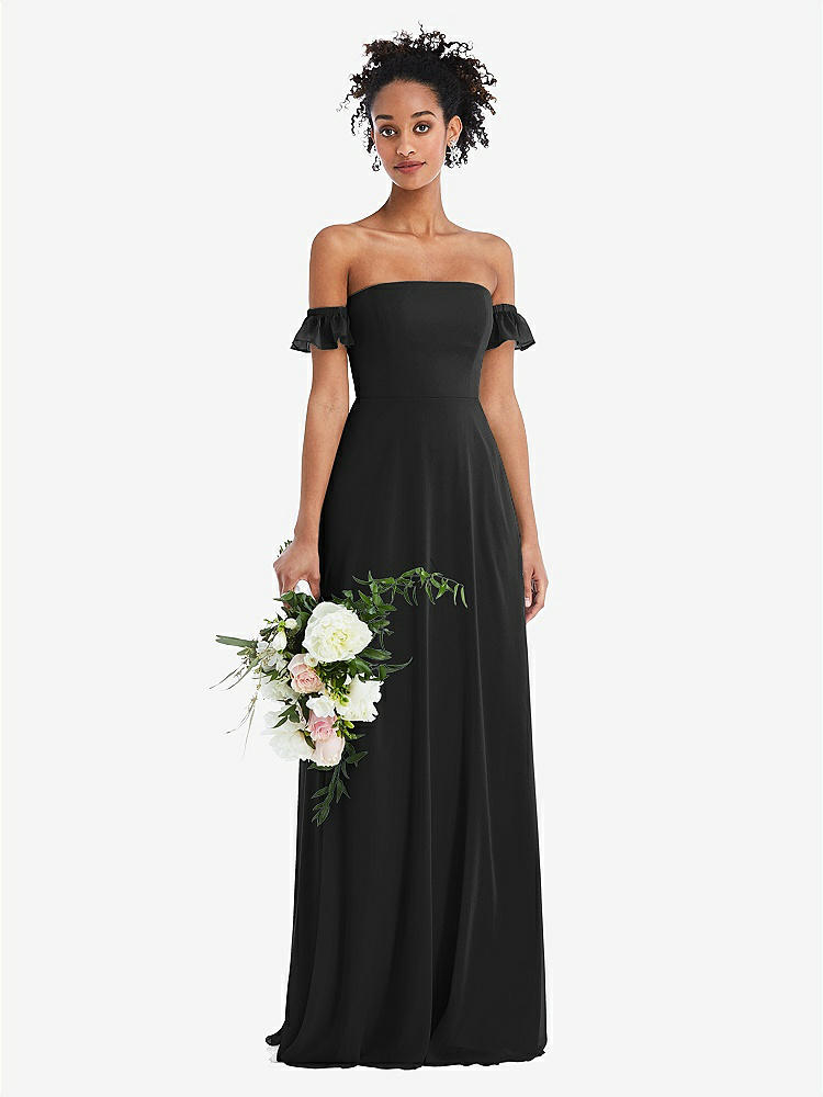 【STYLE: TH046】Off-the-Shoulder Ruffle Cuff Sleeve Chiffon Maxi Dress【COLOR: Black】