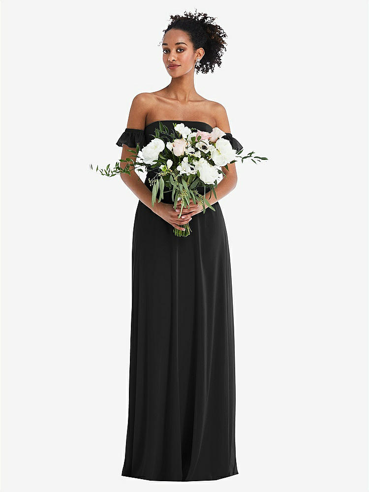 【STYLE: TH046】Off-the-Shoulder Ruffle Cuff Sleeve Chiffon Maxi Dress【COLOR: Black】