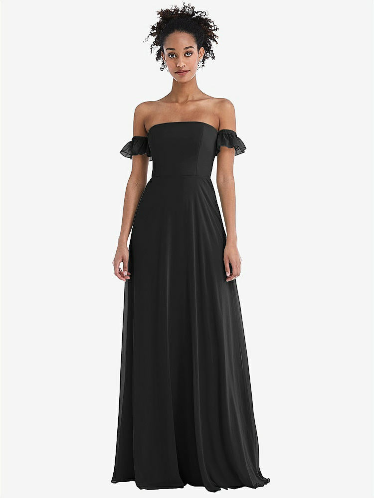 【STYLE: TH046】Off-the-Shoulder Ruffle Cuff Sleeve Chiffon Maxi Dress【COLOR: Black】