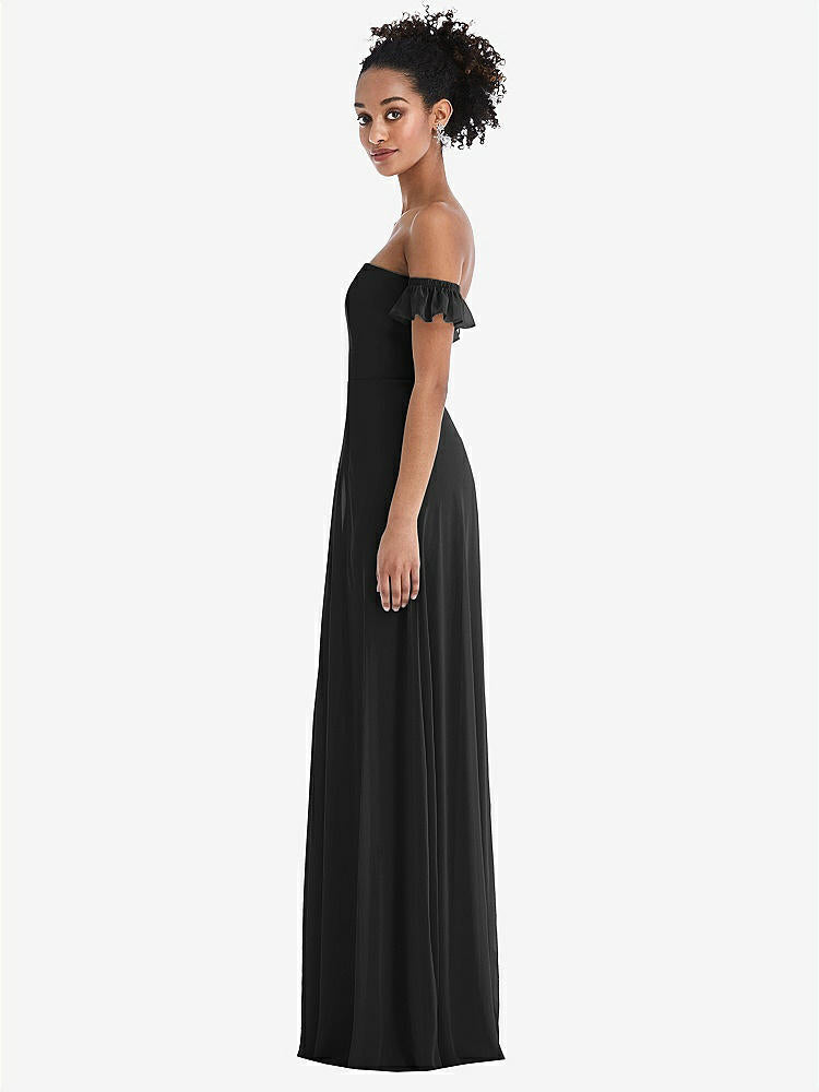 【STYLE: TH046】Off-the-Shoulder Ruffle Cuff Sleeve Chiffon Maxi Dress【COLOR: Black】