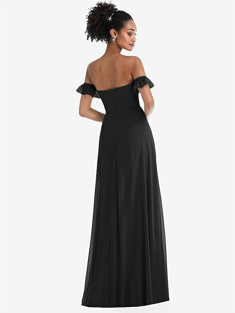 【STYLE: TH046】Off-the-Shoulder Ruffle Cuff Sleeve Chiffon Maxi Dress【COLOR: Black】