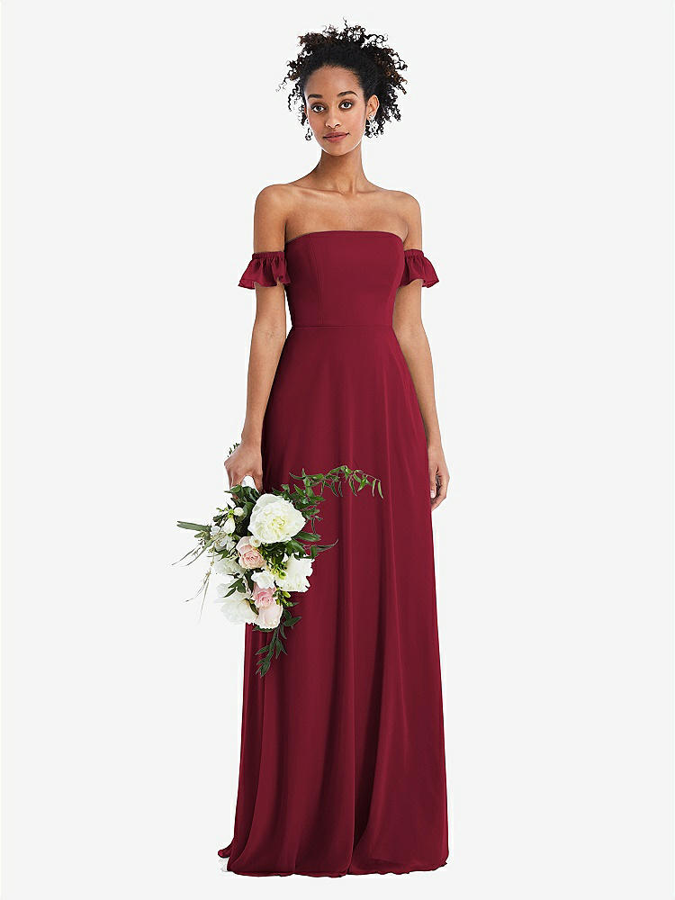【STYLE: TH046】Off-the-Shoulder Ruffle Cuff Sleeve Chiffon Maxi Dress【COLOR: Burgundy】