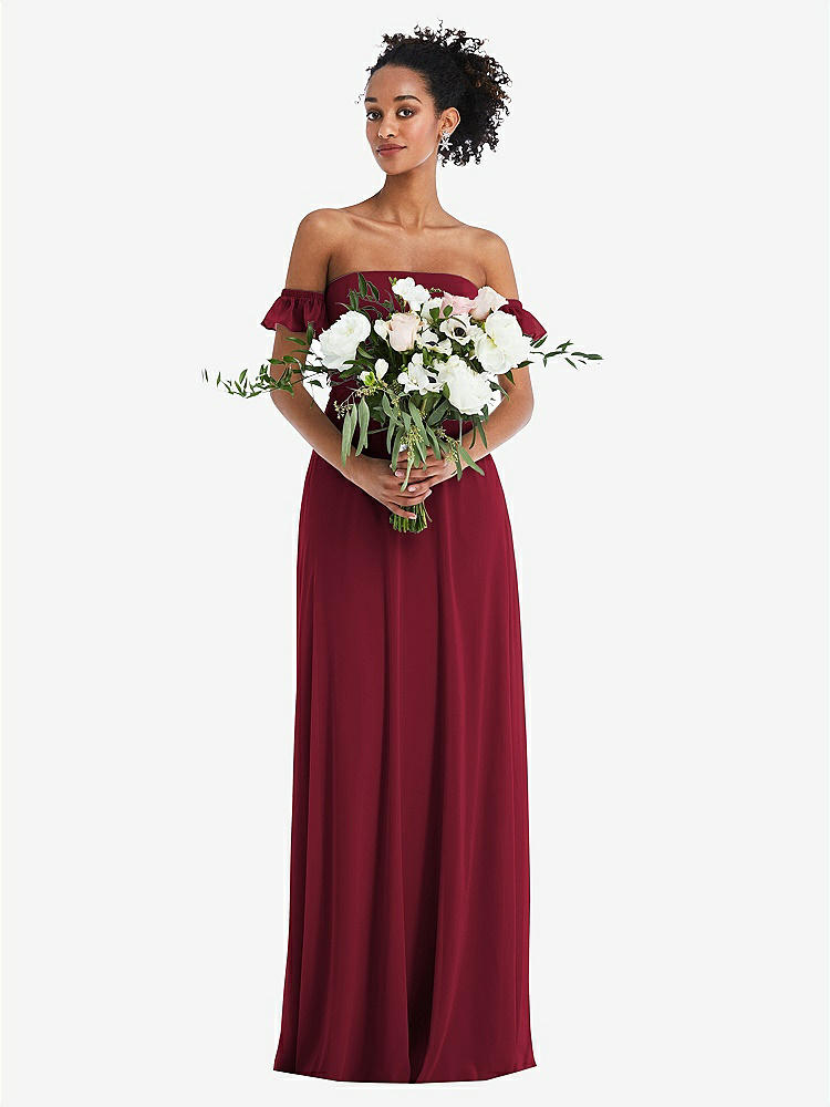【STYLE: TH046】Off-the-Shoulder Ruffle Cuff Sleeve Chiffon Maxi Dress【COLOR: Burgundy】