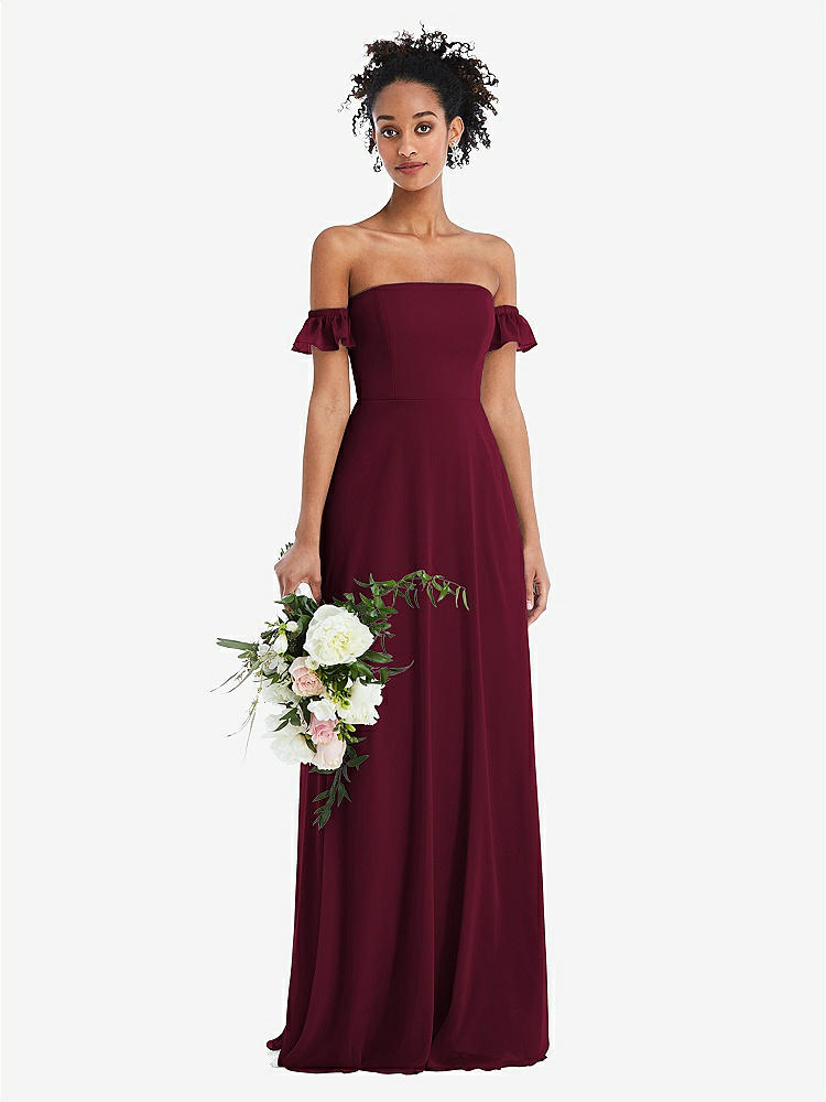 【STYLE: TH046】Off-the-Shoulder Ruffle Cuff Sleeve Chiffon Maxi Dress【COLOR: Cabernet】