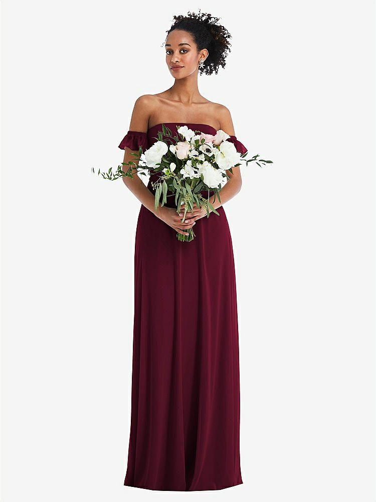 【STYLE: TH046】Off-the-Shoulder Ruffle Cuff Sleeve Chiffon Maxi Dress【COLOR: Cabernet】