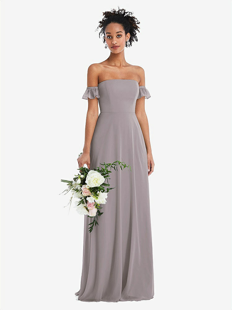 【STYLE: TH046】Off-the-Shoulder Ruffle Cuff Sleeve Chiffon Maxi Dress【COLOR: Cashmere Gray】