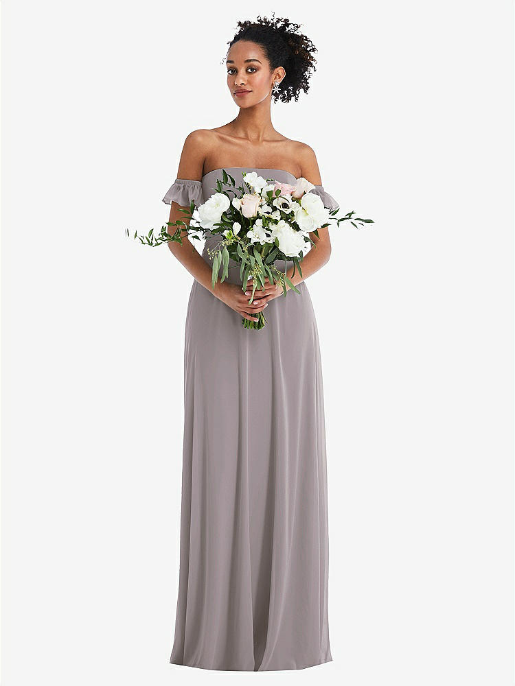 【STYLE: TH046】Off-the-Shoulder Ruffle Cuff Sleeve Chiffon Maxi Dress【COLOR: Cashmere Gray】