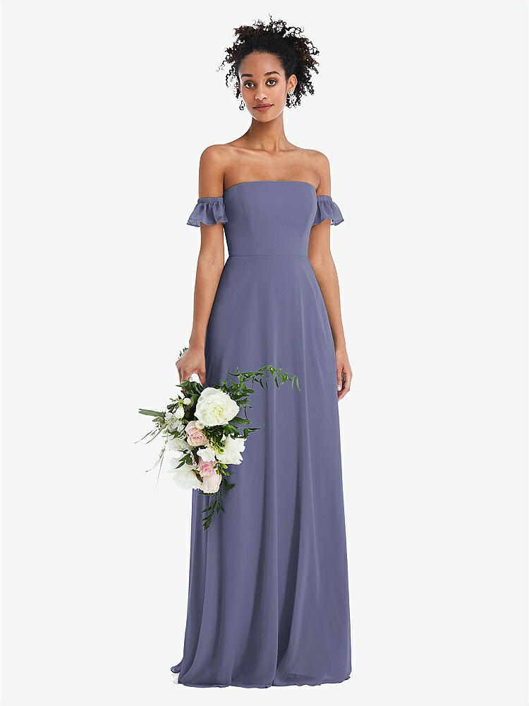 【STYLE: TH046】Off-the-Shoulder Ruffle Cuff Sleeve Chiffon Maxi Dress【COLOR: French Blue】