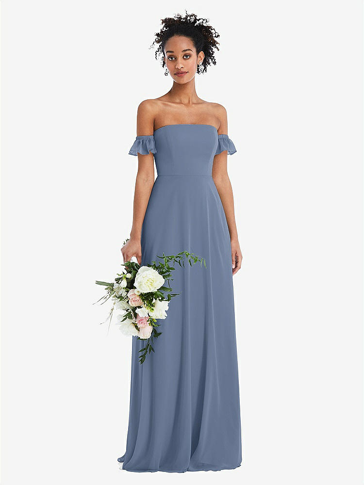 【STYLE: TH046】Off-the-Shoulder Ruffle Cuff Sleeve Chiffon Maxi Dress【COLOR: Larkspur Blue】