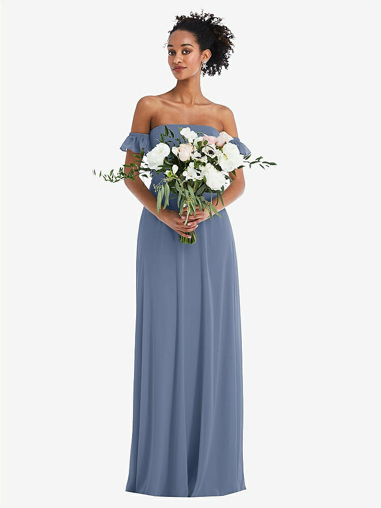 【STYLE: TH046】Off-the-Shoulder Ruffle Cuff Sleeve Chiffon Maxi Dress【COLOR: Larkspur Blue】