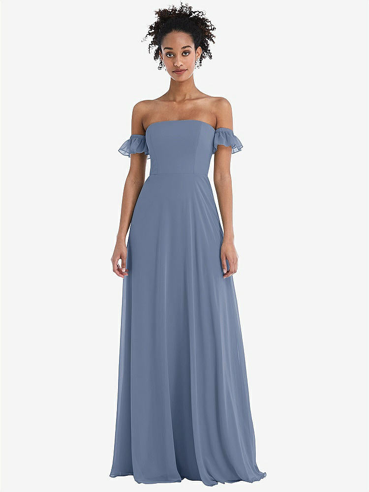 【STYLE: TH046】Off-the-Shoulder Ruffle Cuff Sleeve Chiffon Maxi Dress【COLOR: Larkspur Blue】
