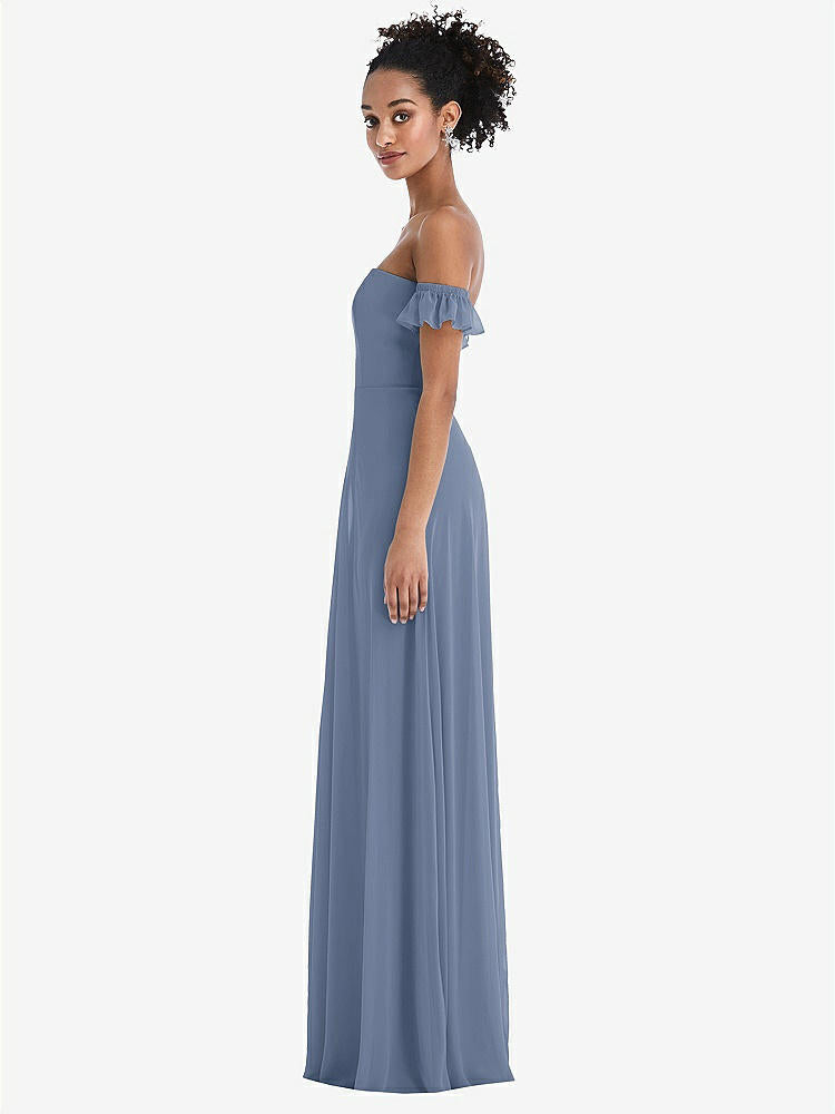 【STYLE: TH046】Off-the-Shoulder Ruffle Cuff Sleeve Chiffon Maxi Dress【COLOR: Larkspur Blue】
