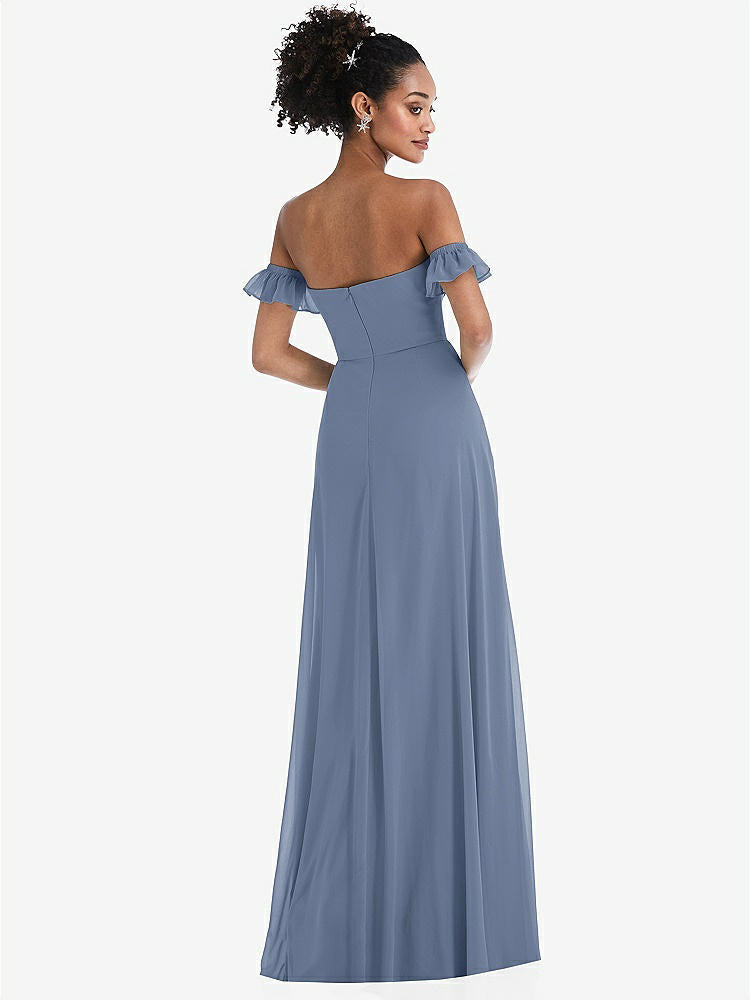 【STYLE: TH046】Off-the-Shoulder Ruffle Cuff Sleeve Chiffon Maxi Dress【COLOR: Larkspur Blue】