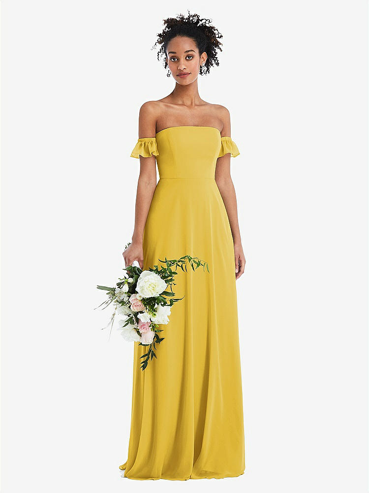 【STYLE: TH046】Off-the-Shoulder Ruffle Cuff Sleeve Chiffon Maxi Dress【COLOR: Marigold】