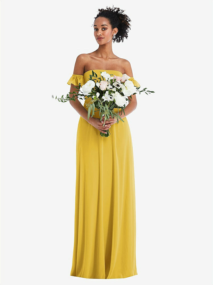 【STYLE: TH046】Off-the-Shoulder Ruffle Cuff Sleeve Chiffon Maxi Dress【COLOR: Marigold】