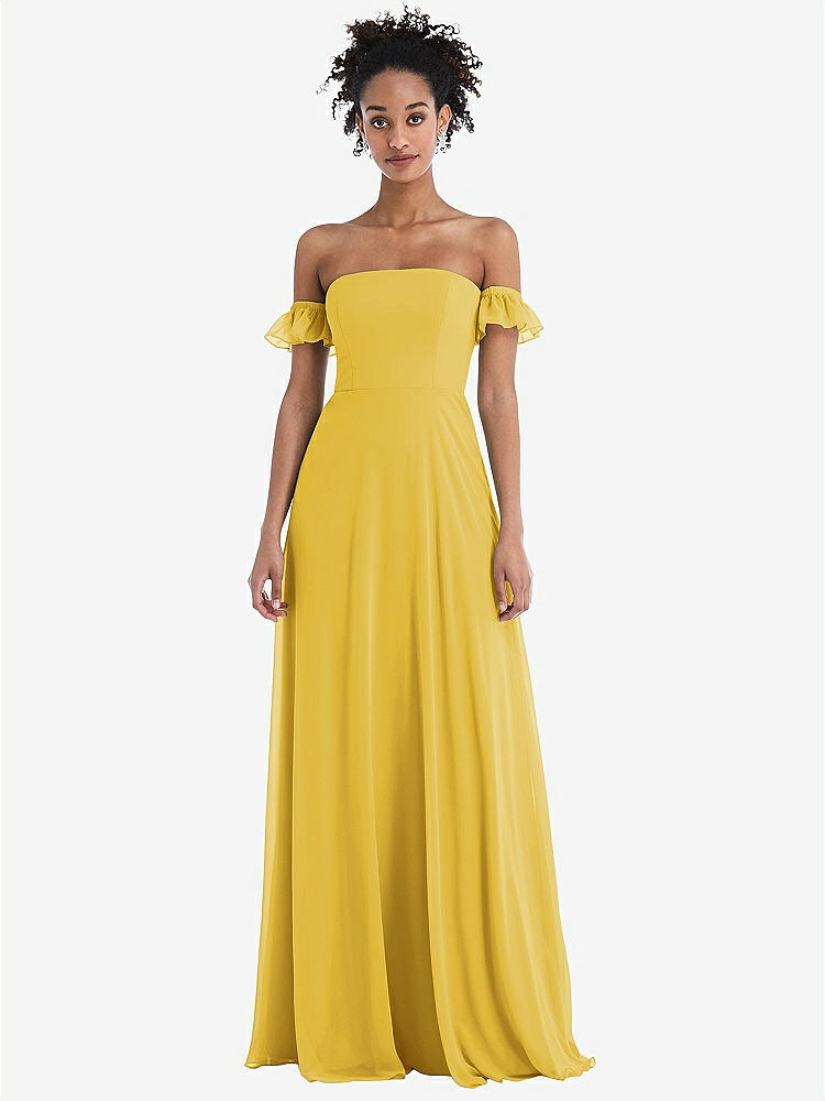 【STYLE: TH046】Off-the-Shoulder Ruffle Cuff Sleeve Chiffon Maxi Dress【COLOR: Marigold】