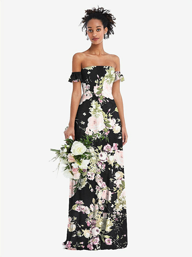 【STYLE: TH046】Off-the-Shoulder Ruffle Cuff Sleeve Chiffon Maxi Dress【COLOR: Noir Garden】