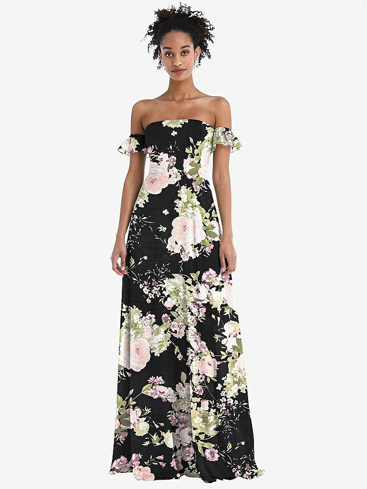 【STYLE: TH046】Off-the-Shoulder Ruffle Cuff Sleeve Chiffon Maxi Dress【COLOR: Noir Garden】