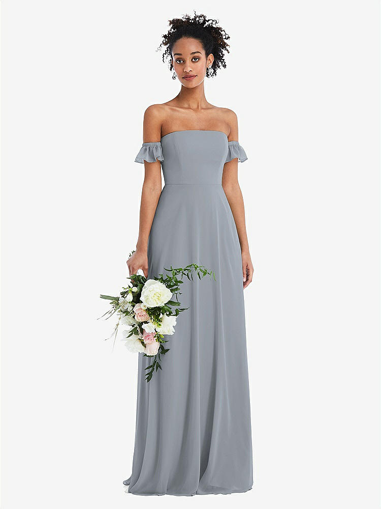 【STYLE: TH046】Off-the-Shoulder Ruffle Cuff Sleeve Chiffon Maxi Dress【COLOR: Platinum】